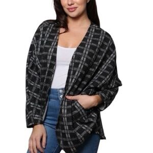 Long Sleeve Open Front Checkered Cardigan